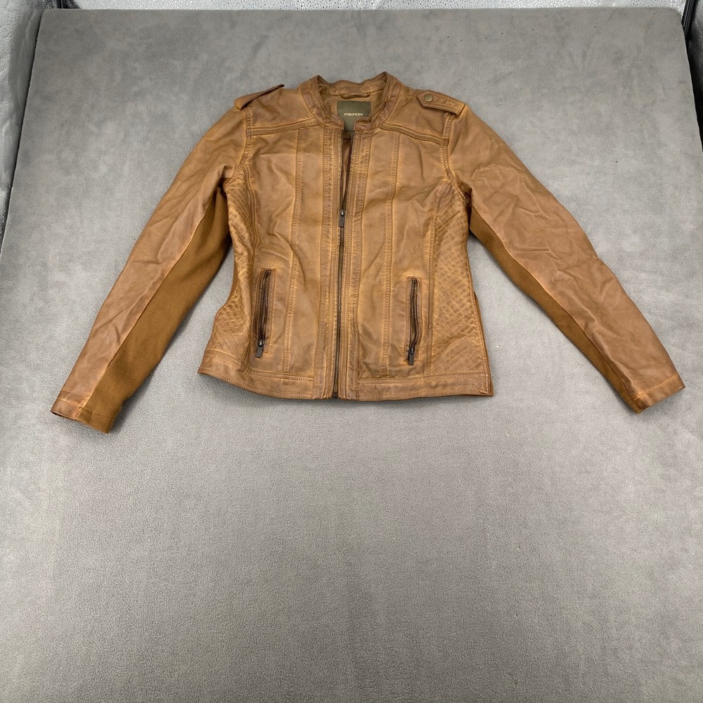 Maurices Womens Cognac Brown Faux Leather Moto Jacket Ribbed Panels Size M